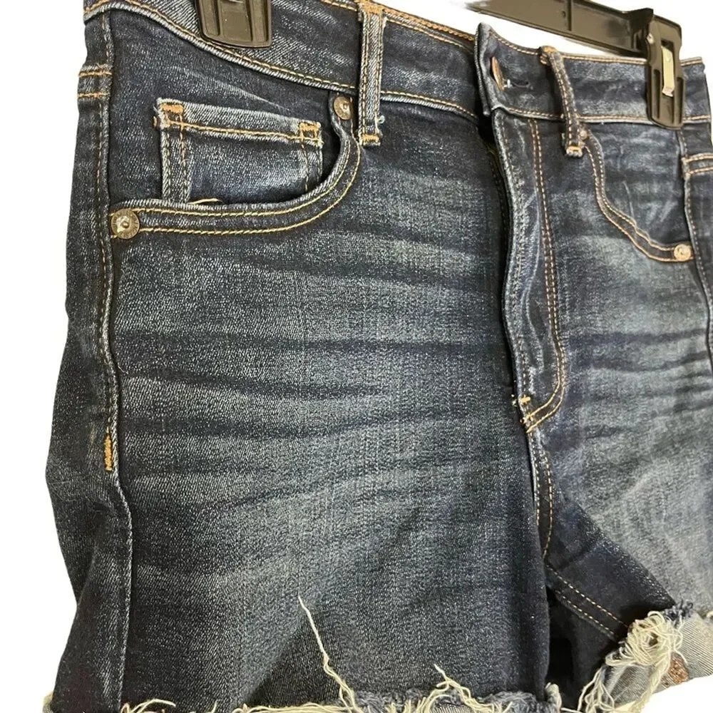 AMERICAN EAGLE SUPER HI RISE SHORTIE Raw Hem Cut Offs Dark Distressed Shorts 4